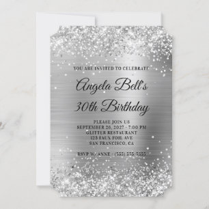 Glittery Silver Foil Finare Monogram 30års födelse Inbjudningar