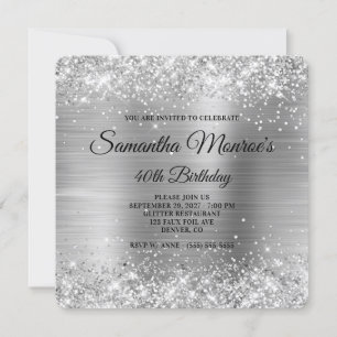 Glittery Silver Foil Finare Monogram 40 födelsedag Inbjudningar
