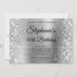 Glittery Silver Foil Finare Monogram 50:e födelsed Inbjudningar
