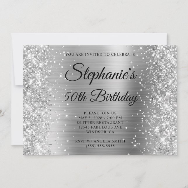 Glittery Silver Foil Finare Monogram 50:e födelsed Inbjudningar (Framsida)