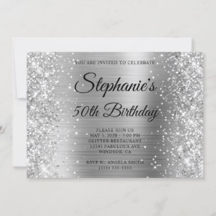 Glittery Silver Foil Finare Monogram 50:e födelsed Inbjudningar