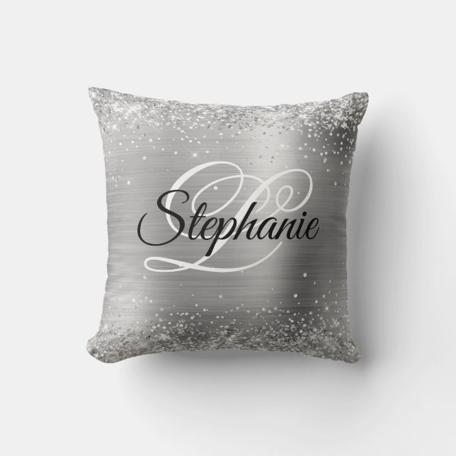 Glittery Silver Foil Finare Monogram Kudde (Framsida)