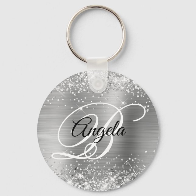 Glittery Silver Foil Finare Monogram Nyckelring (Framsida)