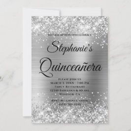 Glittery Silver Foil Finare Monogram Quinceañera Inbjudningar
