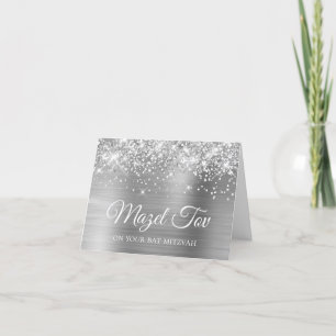Glittery Silver Foil Mazel Tov på din Bat mitzvah Kort