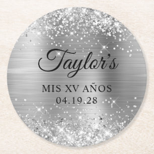 Glittery Silver Foil Mis XV Anos Underlägg Papper Rund