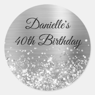 Glittery Silver Foil Modern 40:e födelsedag Runt Klistermärke