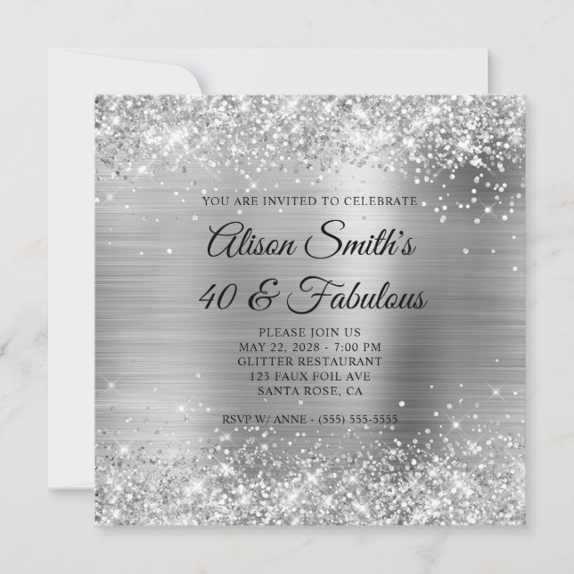 Glittery Silver Foil Monogram 40 & Fabulous Inbjudningar (Framsida)
