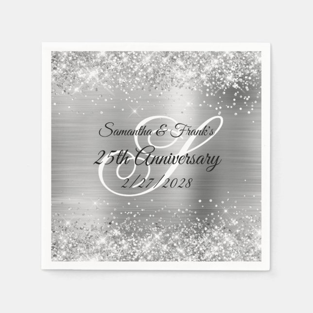 Glittery Silver Foil Monogrammed 25-årsjubileum Pappersservett (Framsidan)