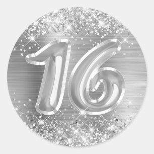 Glittery Silver Foil Number 16 Birthday Runt Klistermärke