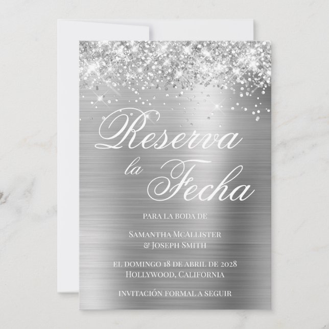 Glittery Silver Foil Photo Reserva La Fecha Inbjudningar (Framsida)