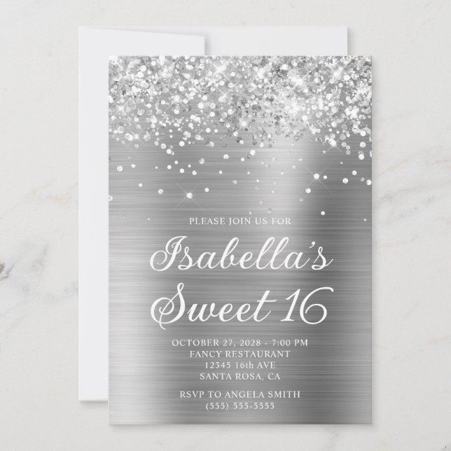 Glittery Silver Foil Sweet 16 Photo Inbjudningar (Framsida)
