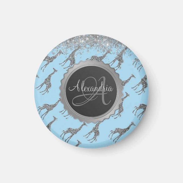 Glittery Silver Giraffe on Dreamy Blue Monogram Magnet (Framsidan)