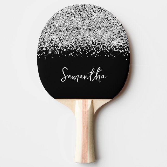Glittery Silver Glam Black and White Namn Pingisracket (Framsidan)