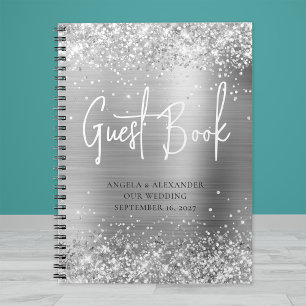 Glittery Silver Glam Bröllop Guestbook Anteckningsbok