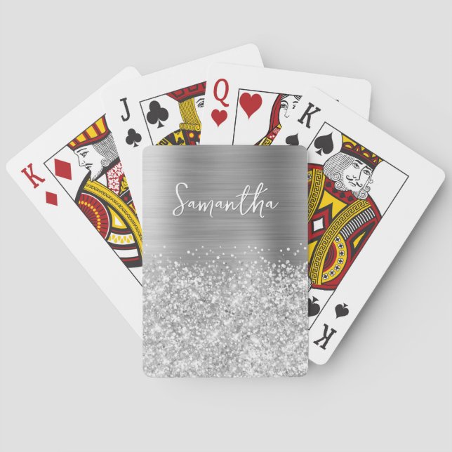 Glittery Silver Glam Namn Casinokort (Baksidan)