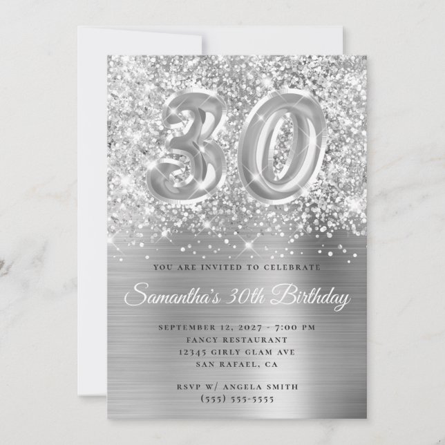 Glittery Silver Glam Number 30års födelsedag Inbjudningar (Framsida)