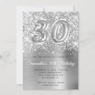 Glittery Silver Glam Number 30års födelsedag Inbjudningar