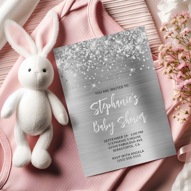 Glittery Silver Glam Online Registry Baby Shower Inbjudningar (Glittery Silver Glam Online Registry Baby Shower Invitation)