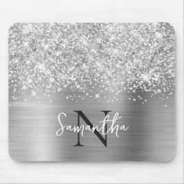Glittery Silver Grått Glam Monogrammad Musmatta