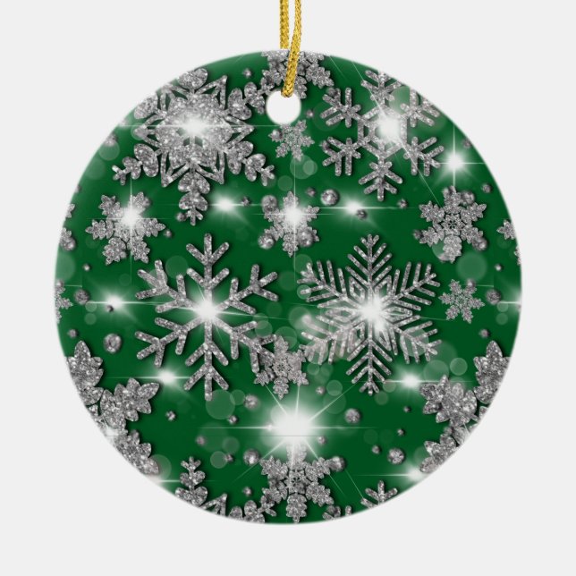 Glittery silver grönt -festiv snöflake mönster julgransprydnad keramik (Framsidan)