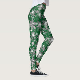 Glittery silver grönt -festiv snöflake mönster leggings