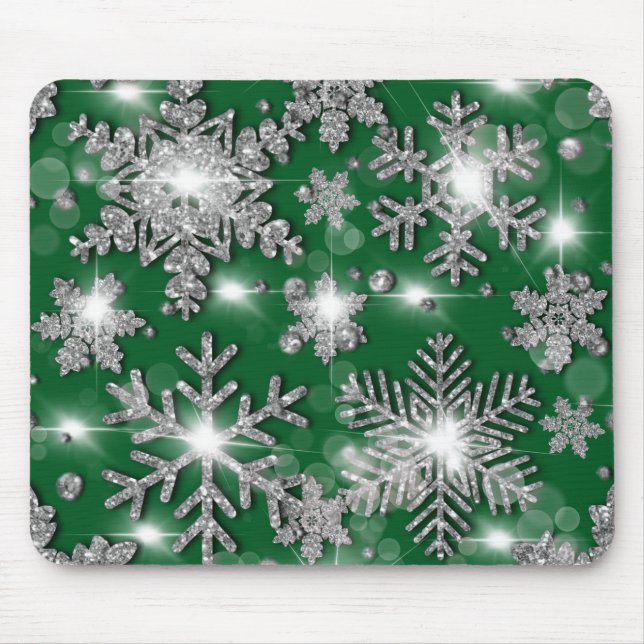 Glittery silver grönt -festiv snöflake mönster musmatta (Framsidan)
