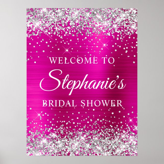 Glittery Silver Hot Pink Foil Bridal Shower Poster (Framsidan)