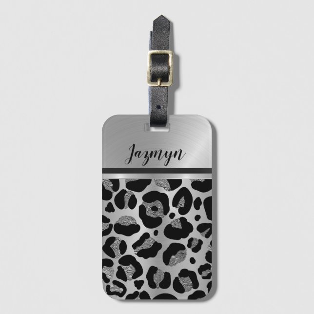 Glittery Silver Leopard Safari Print Bagagebricka (Framsida vertikal)