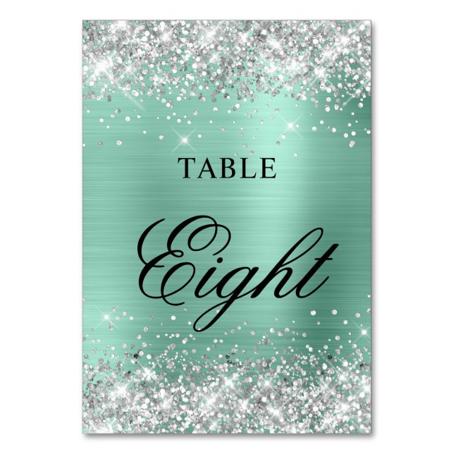 Glittery Silver Light Teal Foil Finare Calligraphy Bordsnummer (Framsidan)