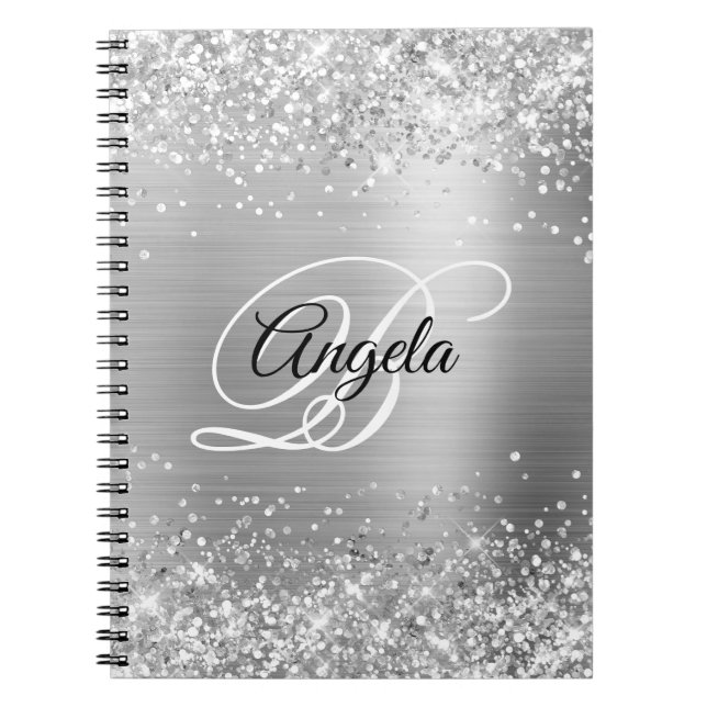 Glittery Silver Metallic Finare Monogram Anteckningsbok (Framsidan)