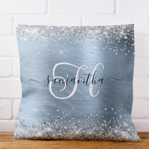 Glittery Silver och Light Blue Monogramme Kudde