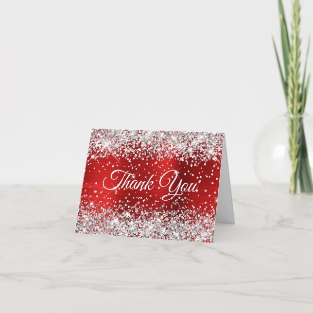 Glittery Silver och Red Foil 40:e födelsedagen Tack Kort (Framsida)