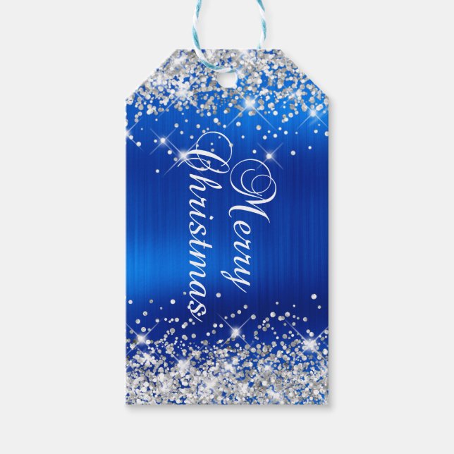 Glittery Silver och Royal Blue God jul Presentetikett (Framsidan)