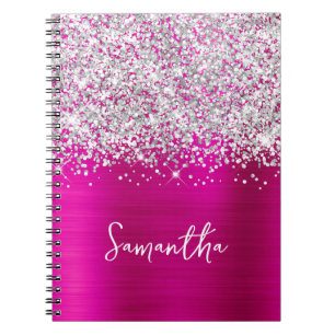 Glittery Silver och Shock rosa Glam Script Namn Anteckningsbok