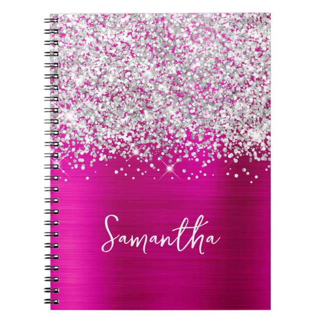 Glittery Silver och Shock rosa Glam Script Namn Anteckningsbok (Framsidan)