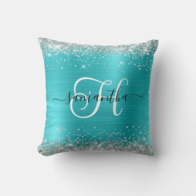 Glittery Silver och Turcoise Blue Monogrammed Kudde (Framsida)