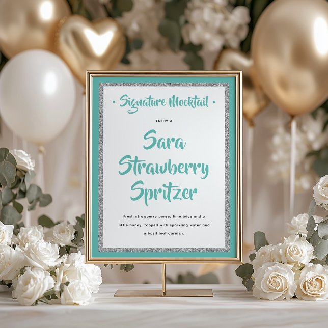 Glittery Silver Ram Namnteckning Mocktail Teal Poster (Skapare uppladdad)
