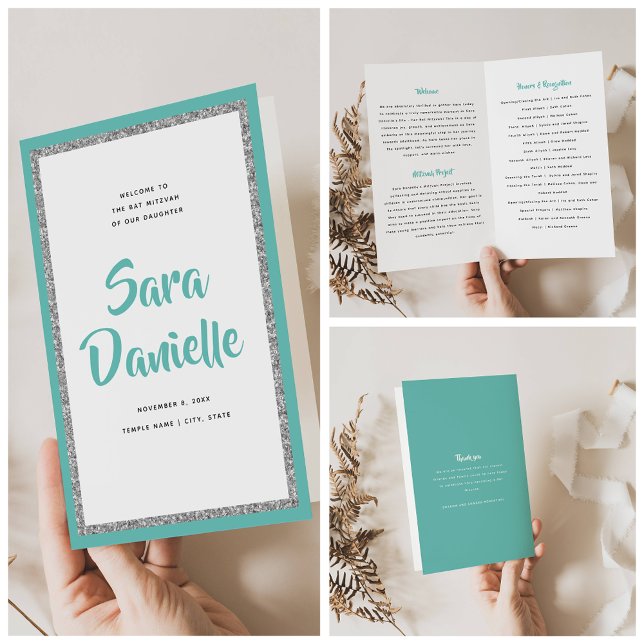 Glittery Silver & Teal Bat mitzvah Foldat Program (Skapare uppladdad)