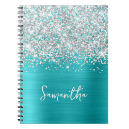 Glittery Silver Turcos Blue Glam Script Namn Anteckningsbok