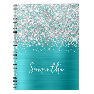 Glittery Silver Turcos Blue Glam Script Namn Anteckningsbok