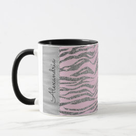Glittery Silver Zebra tryck på Rosa Personlig Mugg