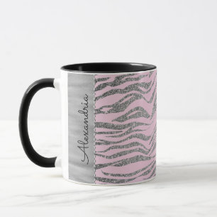Glittery Silver Zebra tryck på Rosa Personlig Mugg