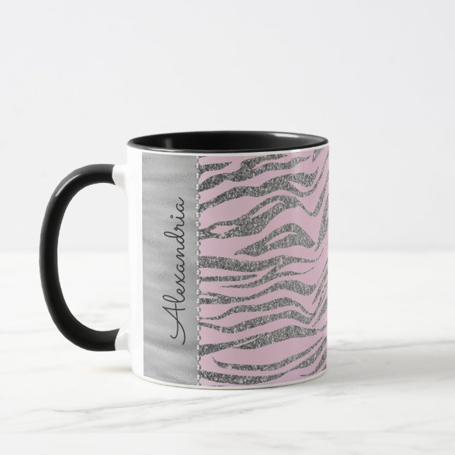 Glittery Silver Zebra tryck på Rosa Personlig Mugg (Vänster)