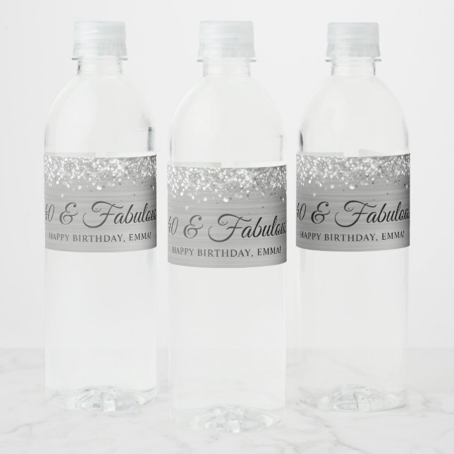 Glittery Silvery Grått Foil 40 & Fabulous Vattenflaskor Etikett (Flaskor)