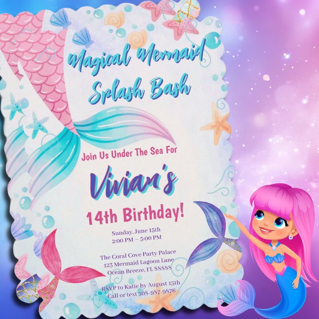 Glittery Sjöjungfru Svan Födelsedagsfest Inbjudningar (Magical Mermaid Birthday Party Invitation)