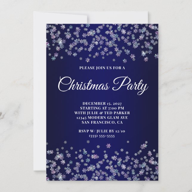Glittery Snowflakes Navy Ombre Christmas Party Inbjudningar (Framsida)