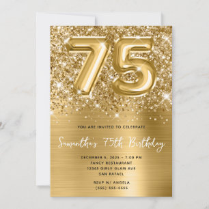 Glittery Sparkly Guld Balloon Glam 75:e Birthday Inbjudningar