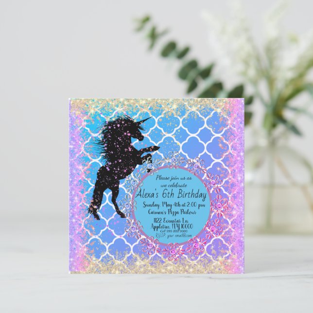 Glittery Starry Whimsical Unicorn Birthday Kort (Stående Fram)