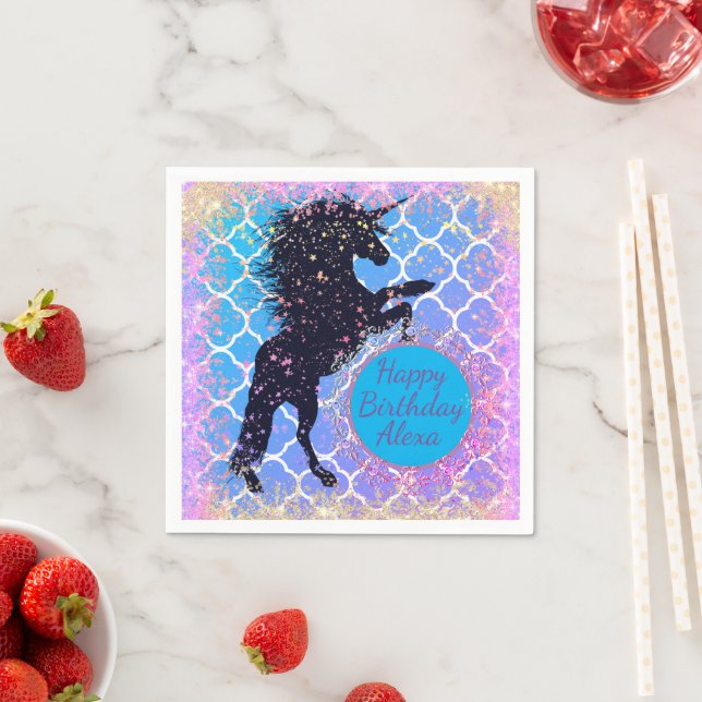Glittery Starry Whimsical Unicorn Birthday Pappersservett (Insitu)